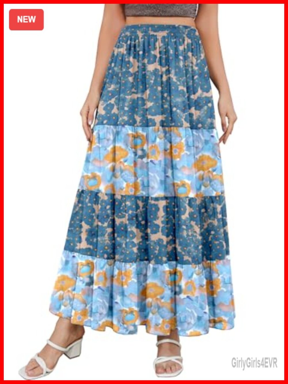 Women's Floral Maxi Skirt Chiffon Boho A-Line High Waist Double Layer